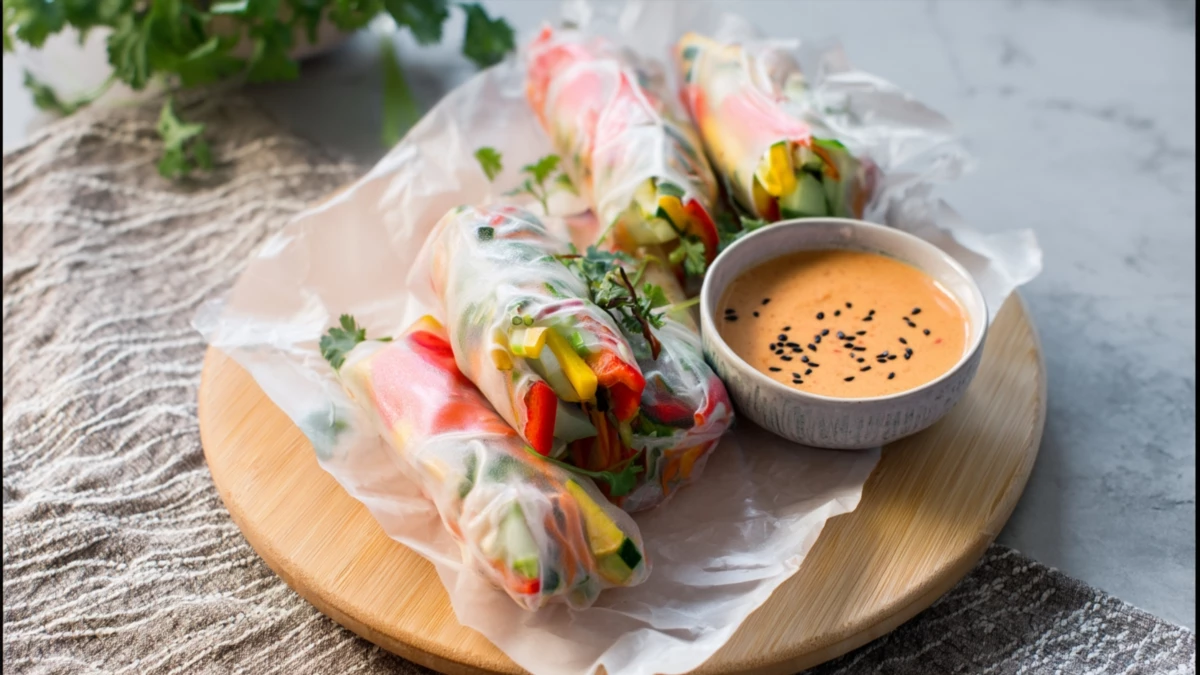 Фото блюда: Панир спринг роллы с овощами и арахисовым соусом, рецепт с фото