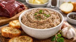 Фото рецепта: Паштет из говяжьей печени с чесноком и сливками