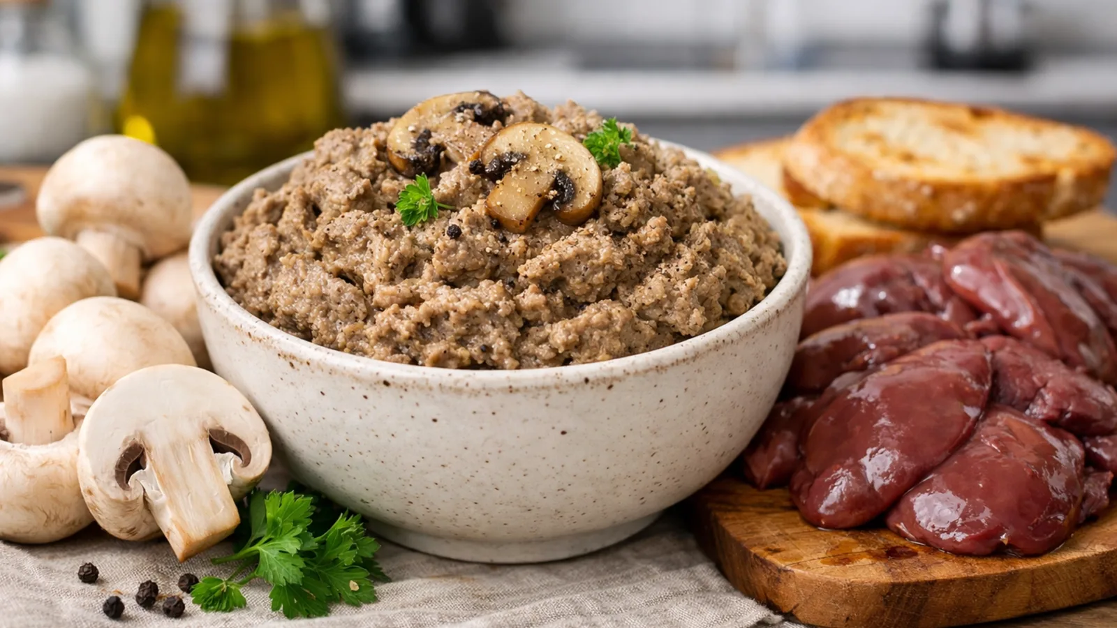 Фото блюда: Паштет из куриной печени с грибами шампиньонами, рецепт с фото