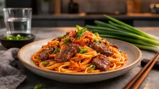 Фото рецепта: Паста с говядиной и соусом кимчи рецепт необычного блюда фьюжн кухни