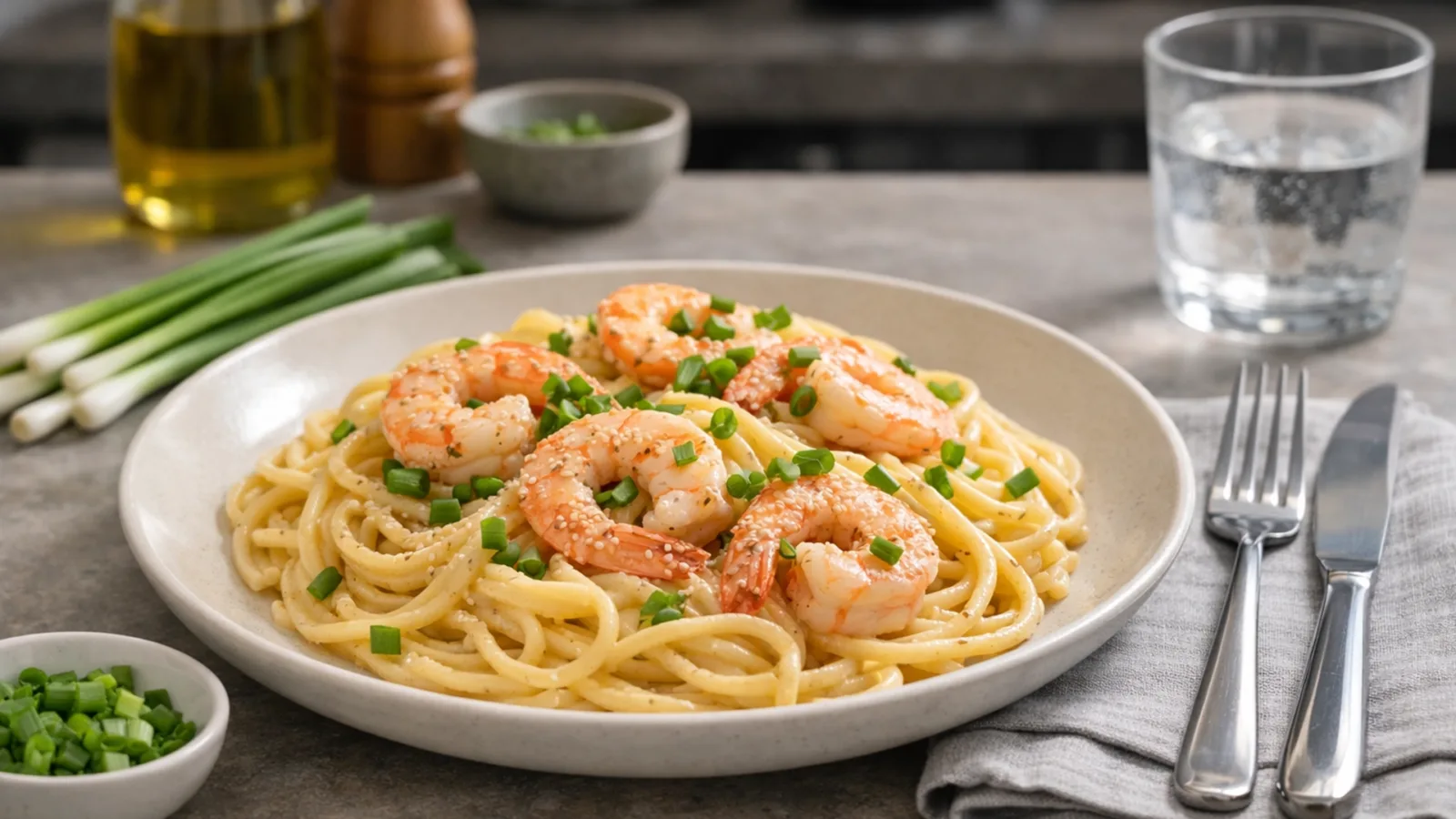 Фото блюда: Паста с креветками и соусом мисо в стиле фьюжн кухни