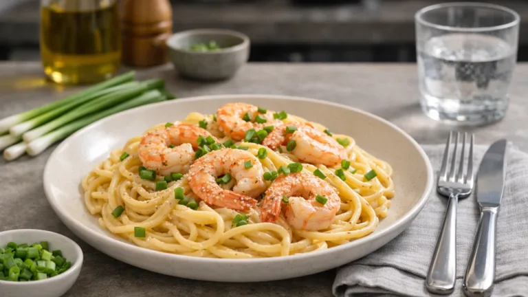 Фото блюда: Паста с креветками и соусом мисо в стиле фьюжн кухни