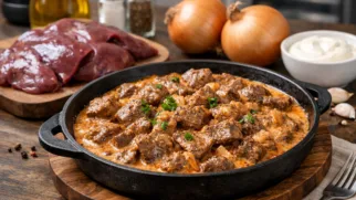 Фото рецепта: Печень свиная тушеная в сметане нежная