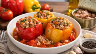 Фото рецепта: Перцы фаршированные тушенкой из свинины рисом и овощами