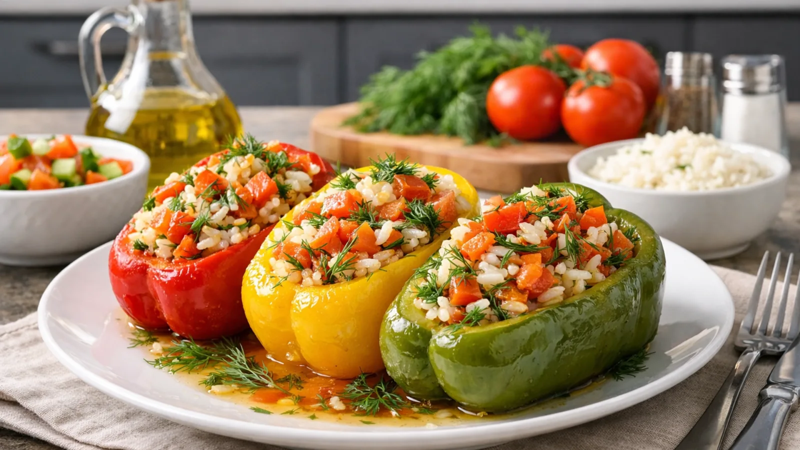 Фото блюда: Ароматный фаршированный перец с овощной начинкой и свежей зеленью., рецепт с фото