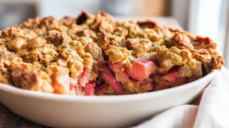 Фото рецепта: Пирог с ревенем и хрустящей крошкой с яркой кислинкой и нежной начинкой