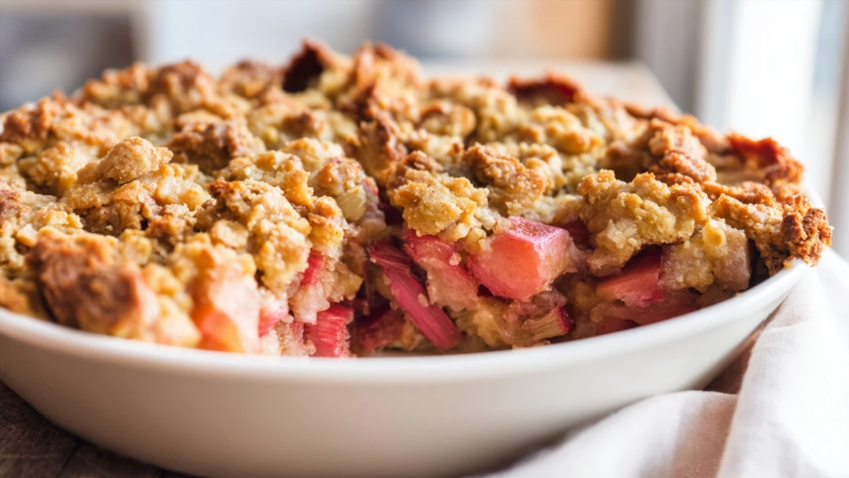 Фото блюда: Пирог с ревенем и хрустящей крошкой с яркой кислинкой и нежной начинкой, рецепт с фото