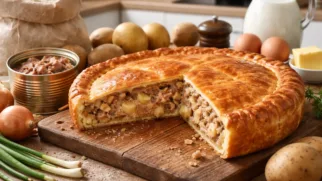 Фото рецепта: Пирог с тушенкой из свинины картофелем и луком в духовке