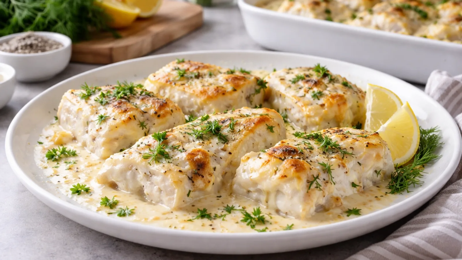 Фото блюда: Нежный минтай в сливочном соусе с зеленью в духовке