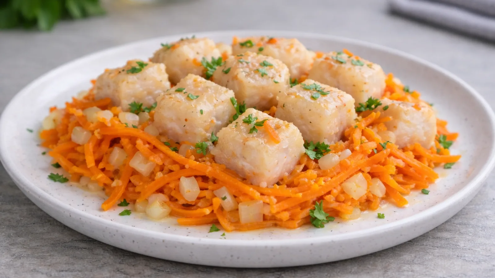 Фото блюда: Сочный минтай запечённый с луком и морковью в духовке