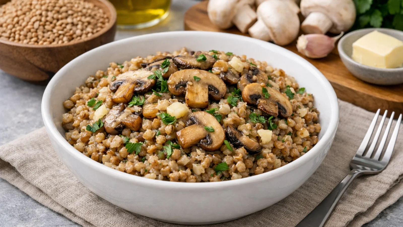 Фото блюда: Полбяная каша с грибами