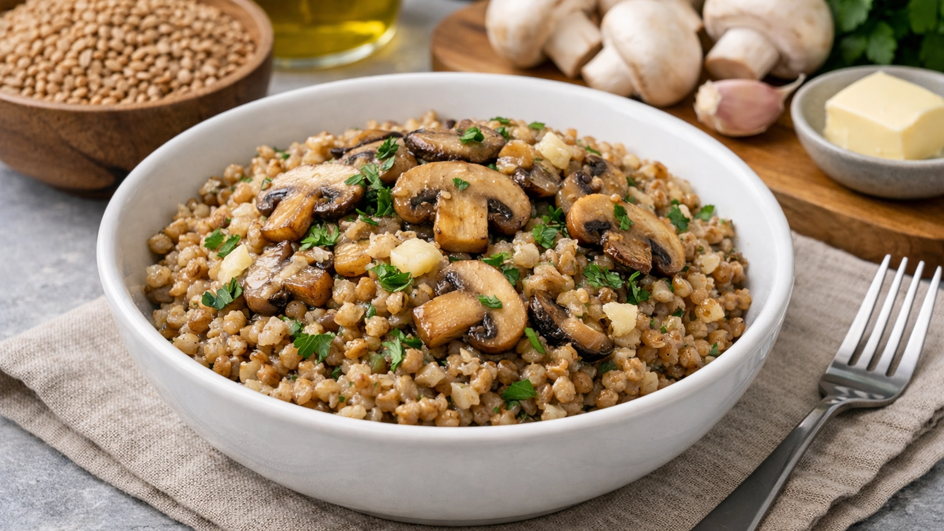 Фото блюда: Полбяная каша с грибами