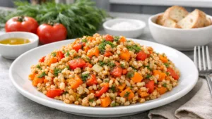 Фото блюда: Полбяная каша с овощами и зеленью