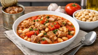 Фото рецепта: Рагу из тушенки из свинины с фасолью томатами и чесноком