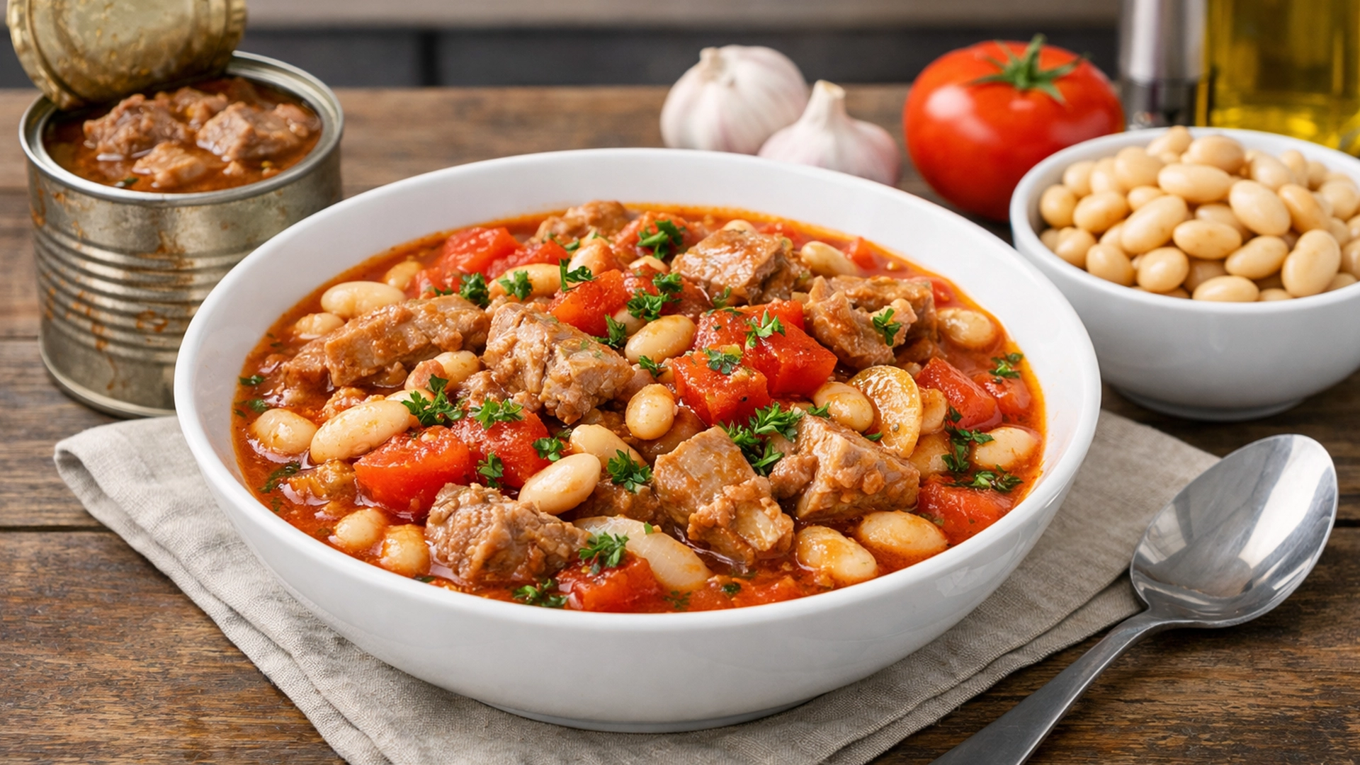 Фото блюда: Рагу из тушенки из свинины с фасолью томатами и чесноком