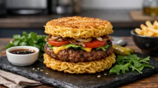 Фото рецепта: Рамен бургер с говядиной рецепт необычного блюда фьюжн кухни