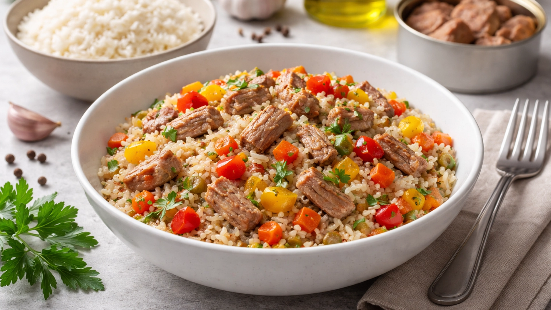 Фото блюда: Рис с тушенкой из свинины чесноком и овощами на сковороде