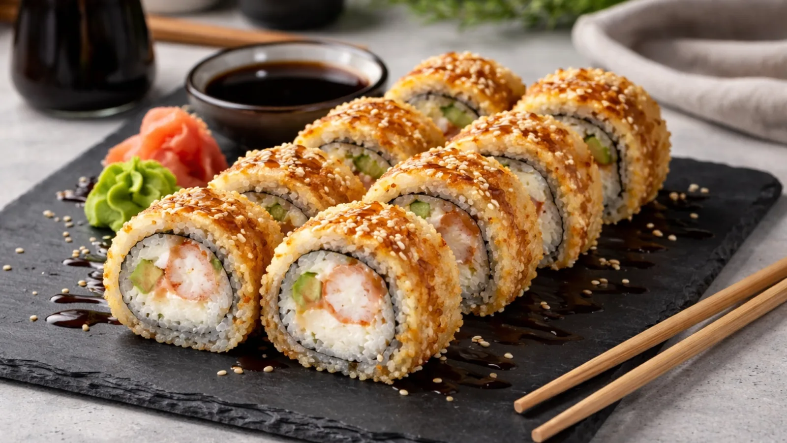 Фото блюда: Ролл с креветками и крем сыром в темпуре рецепт фьюжн кухни