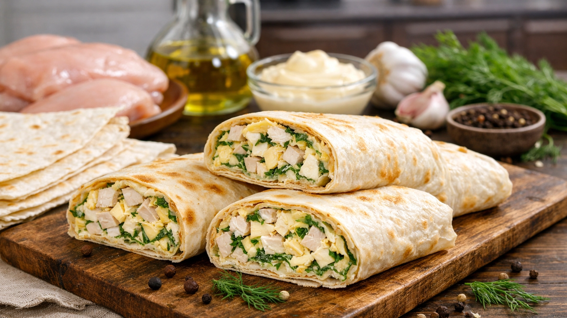 Фото блюда: Рулет из лаваша с курицей сыром и зеленью