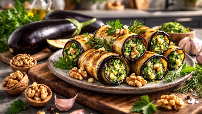 Фото рецепта: Рулетики из баклажанов с чесноком орехами и зеленью