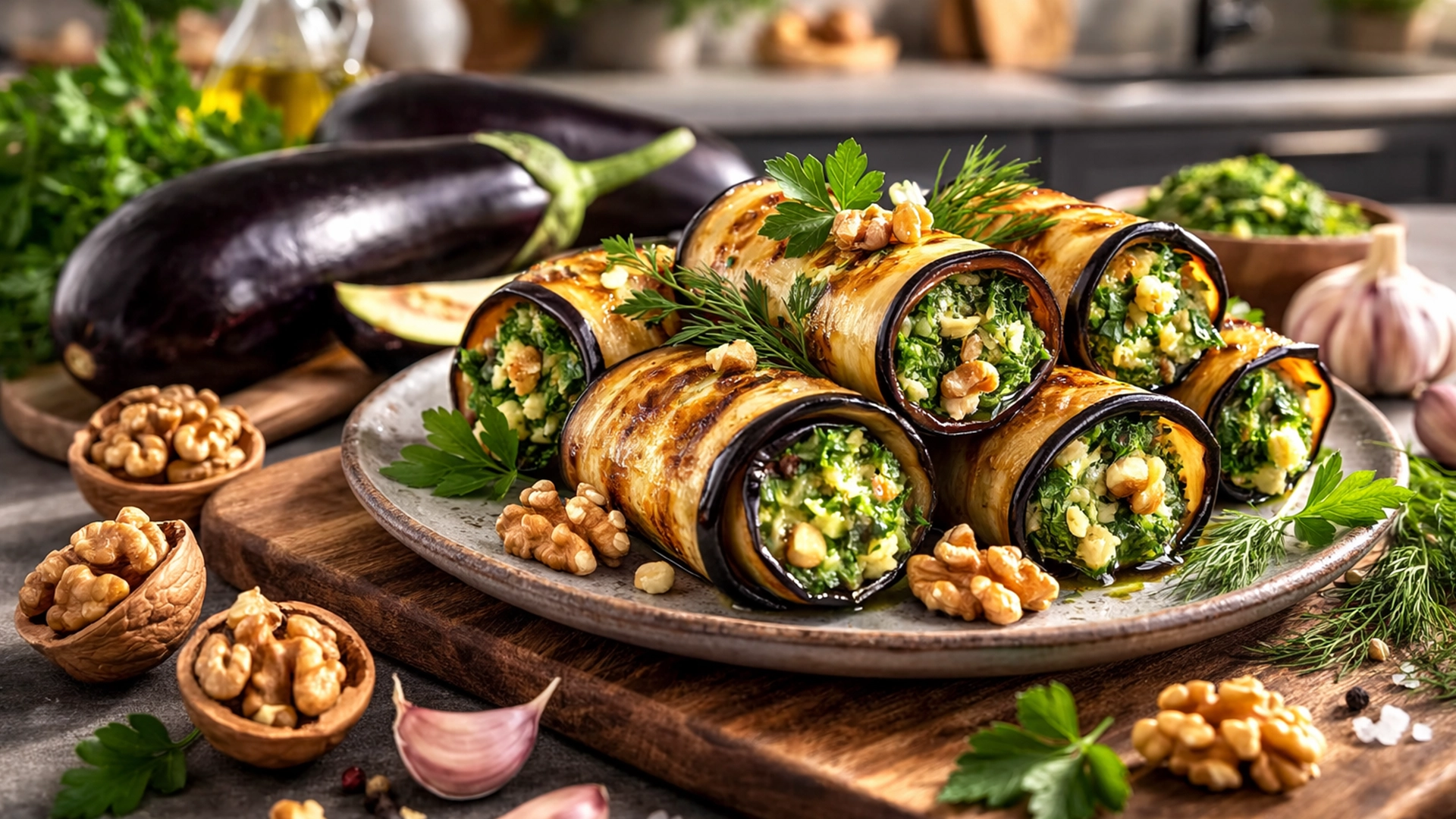 Фото блюда: Рулетики из баклажанов с чесноком орехами и зеленью