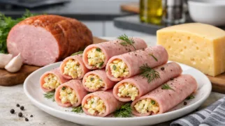 Фото рецепта: Рулетики из ветчины с сыром и чесноком