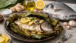 Фото рецепта: Сочная рыба запечённая в банановых листьях