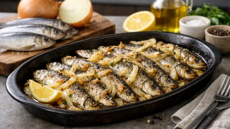 Фото блюда: Салака запеченная с луком