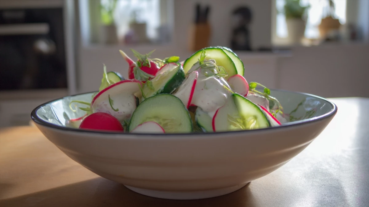 Фото блюда: Свежий салат из огурцов и редиса с йогуртовой заправкой для легкого рациона, рецепт с фото