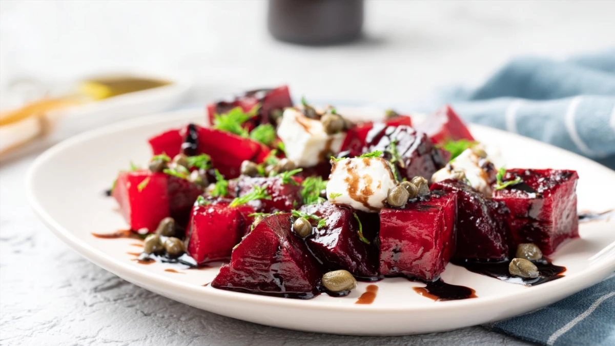 Фото блюда: Свекольный салат с каперсами и нежным сыром для легкого ужина, рецепт с фото