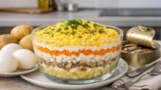 Фото рецепта: Салат Мимоза с консервированной рыбой