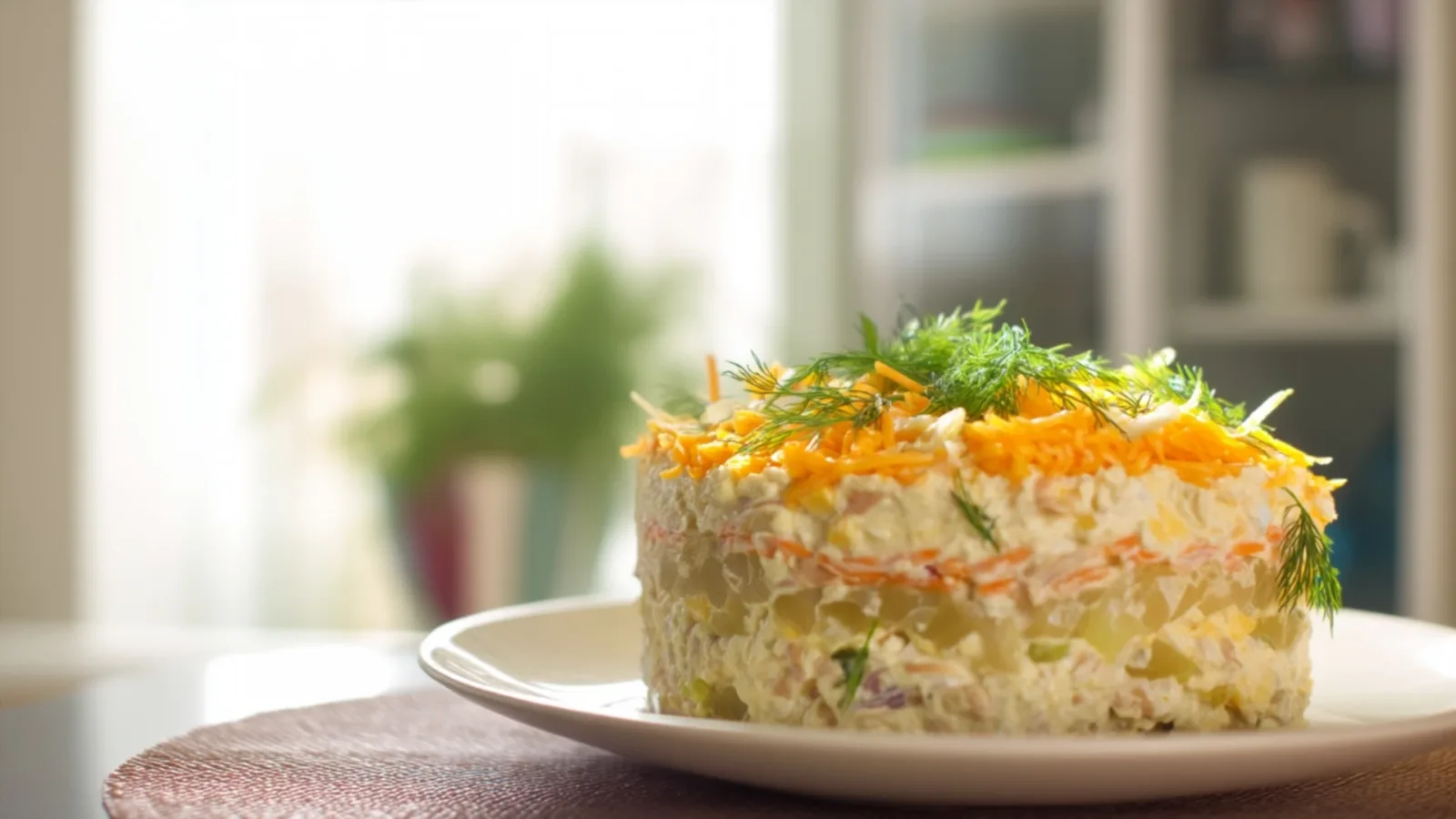 Фото блюда: Салат мимоза с маринованными огурцами в свежем исполнении