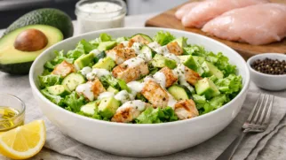 Фото рецепта: Легкий салат с авокадо курицей и йогуртовым соусом