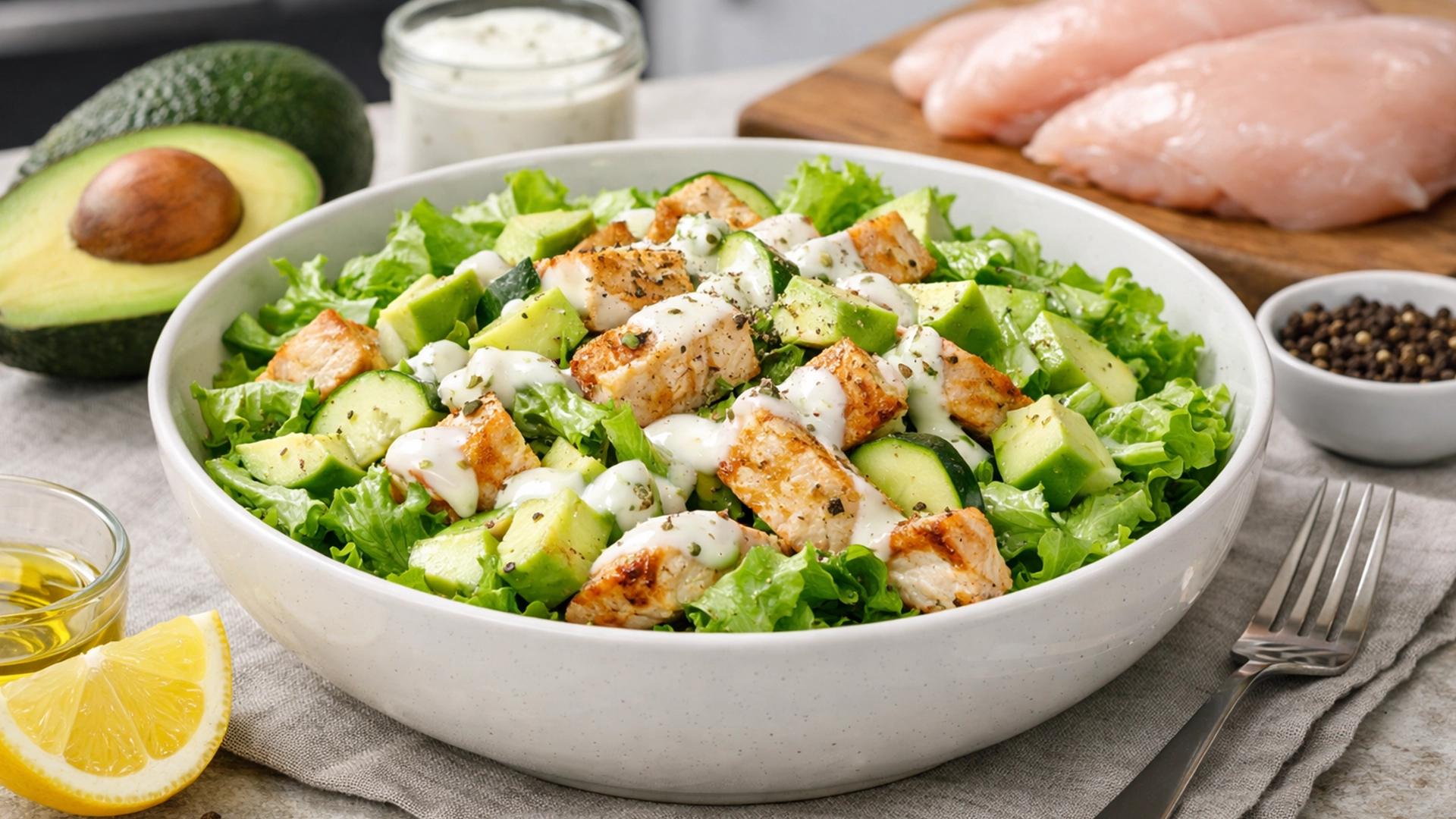 Фото блюда: Легкий салат с авокадо курицей и йогуртовым соусом