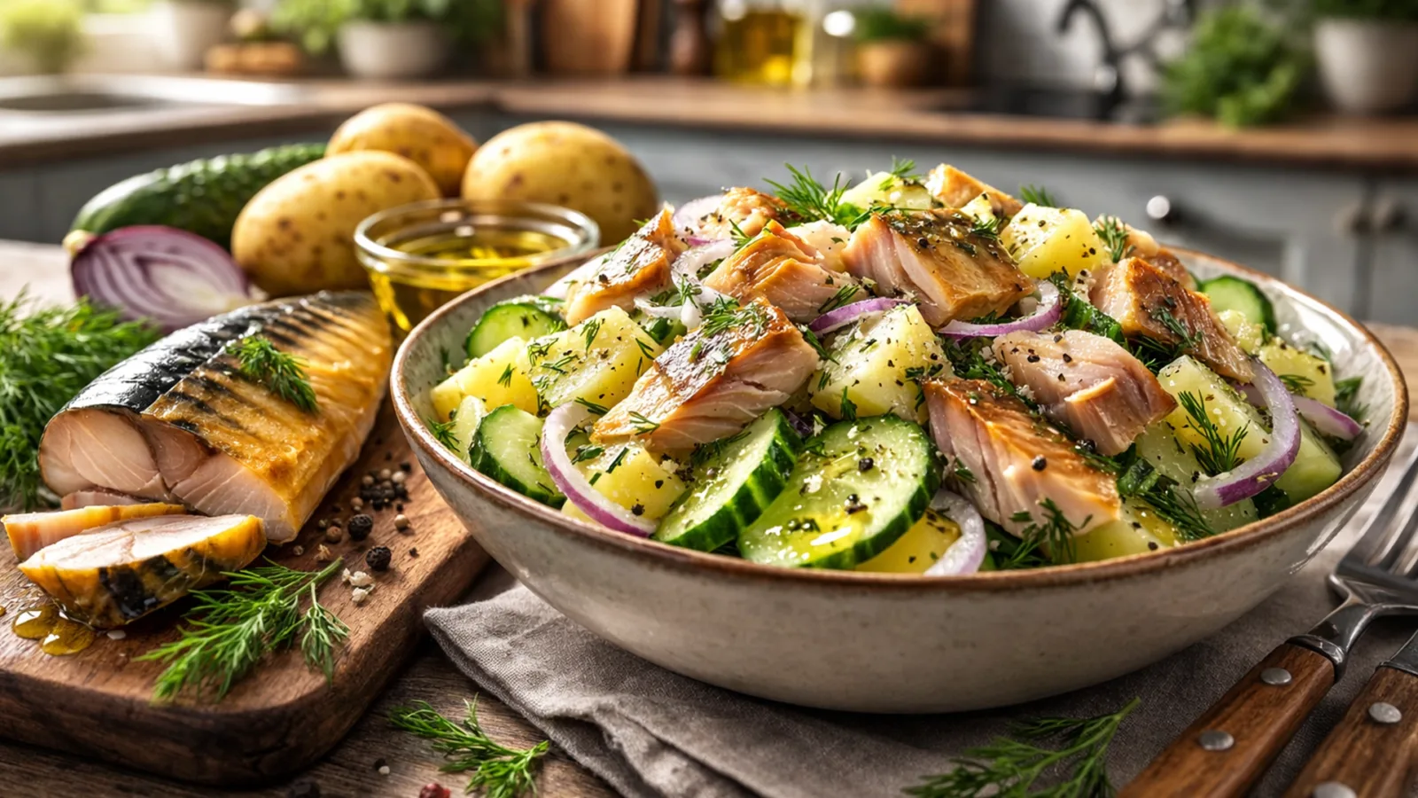 Фото блюда: Сытный салат с копчёной скумбрией и картофелем