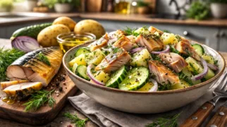 Фото рецепта: Сытный салат с копчёной скумбрией и картофелем