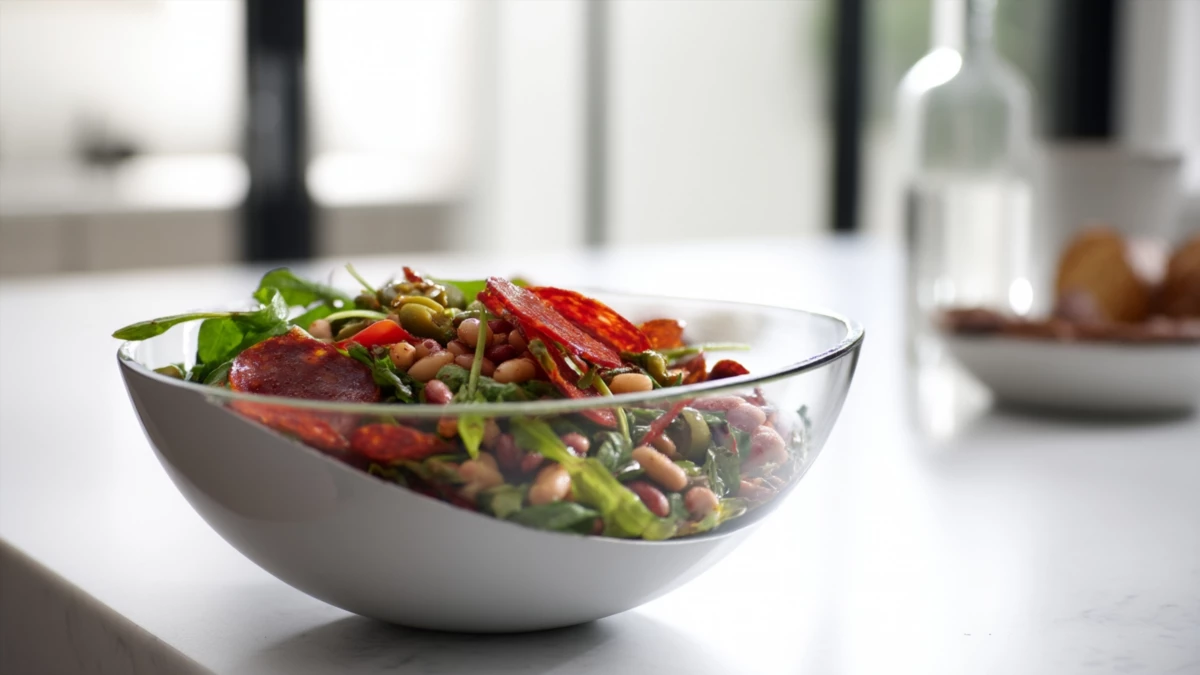 Фото блюда: Салат с пепперони и фасолью для сытного и яркого обеда, рецепт с фото