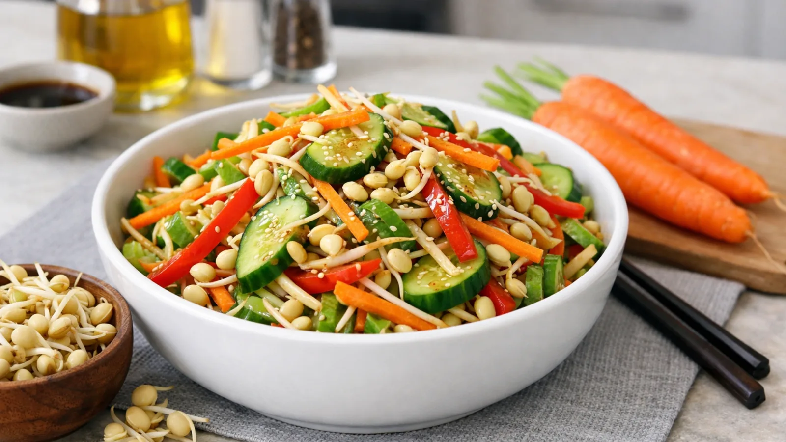 Фото блюда: Салат с соевыми проростками и овощами свежий