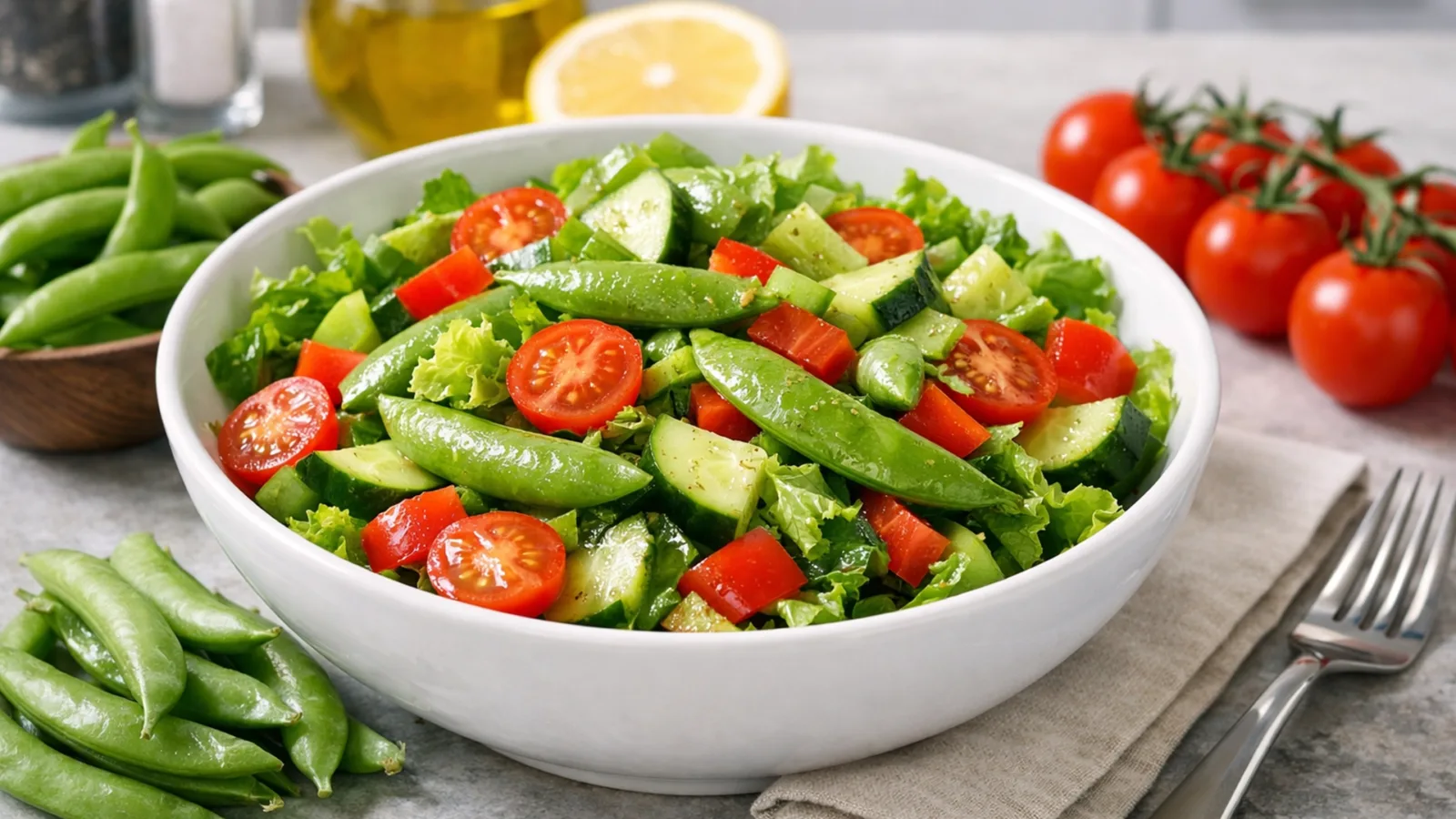 Фото блюда: Хрустящий салат со снеп горохом и свежими овощами