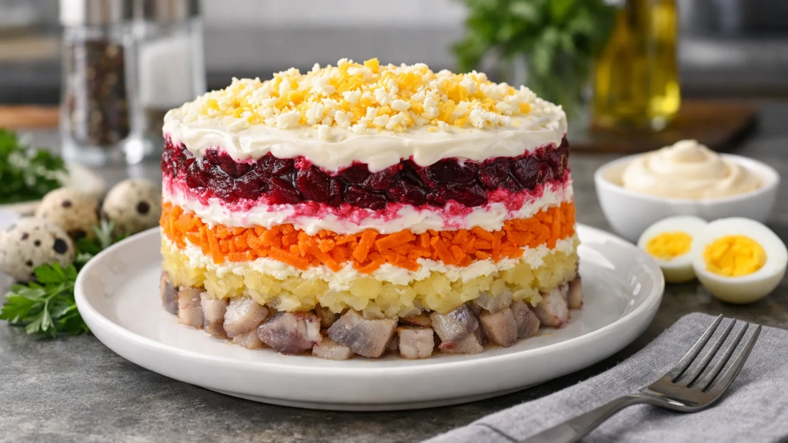 Фото блюда: Сельдь под шубой с яйцом и майонезом, рецепт с фото