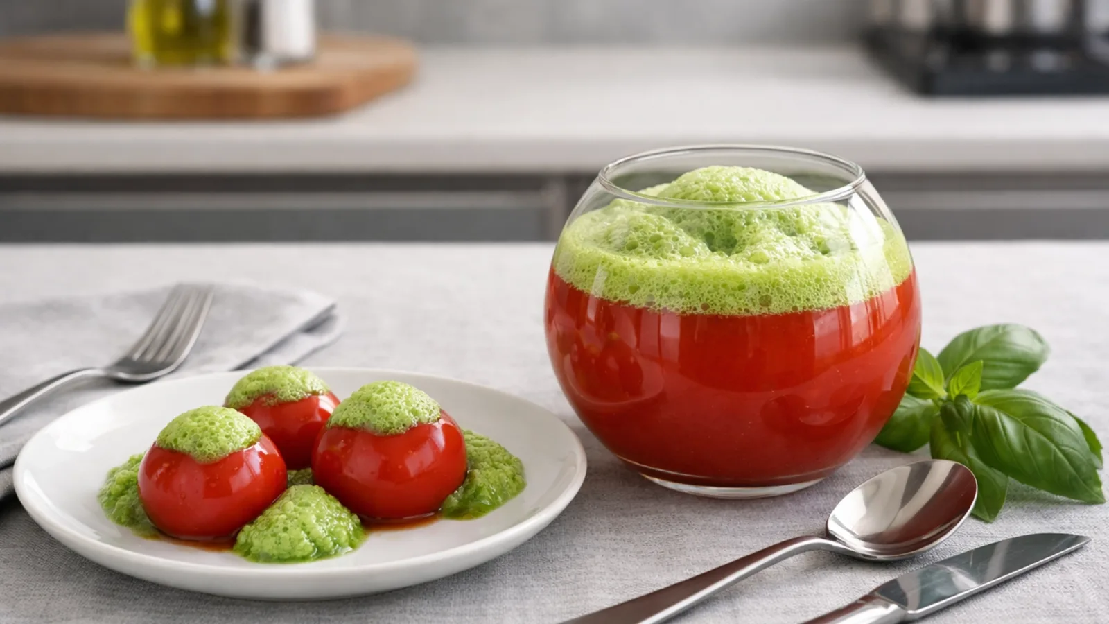 Фото блюда: Сферический томатный сок с базиликовой пеной в стиле молекулярной кухни