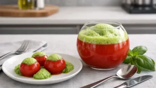Фото рецепта: Сферический томатный сок с базиликовой пеной в стиле молекулярной кухни