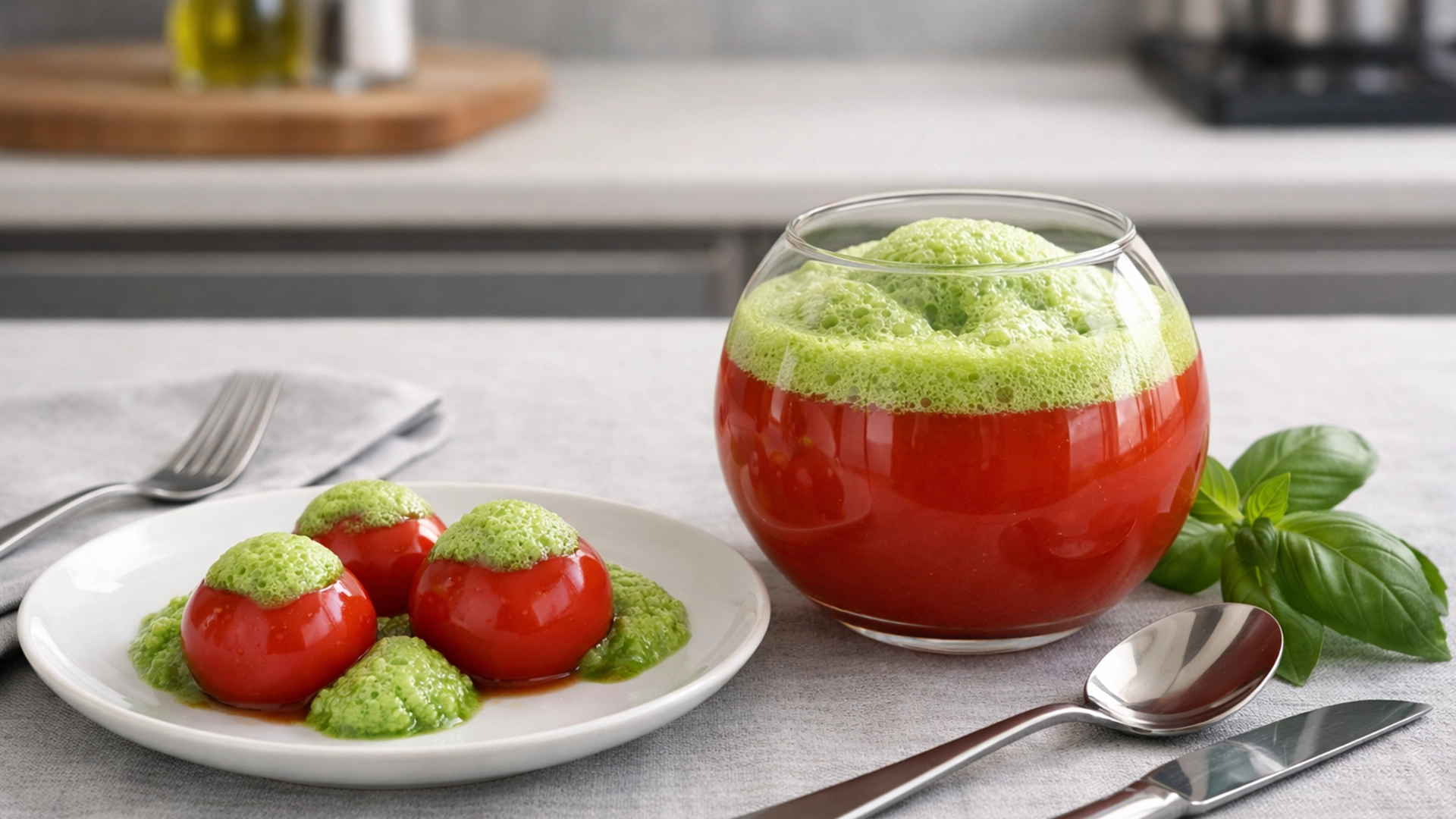 Фото блюда: Сферический томатный сок с базиликовой пеной в стиле молекулярной кухни