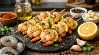 Фото рецепта: Ароматный шиш-кебаб из креветок с лимоном на шпажках