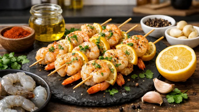 Фото рецепта: Ароматный шиш-кебаб из креветок с лимоном на шпажках