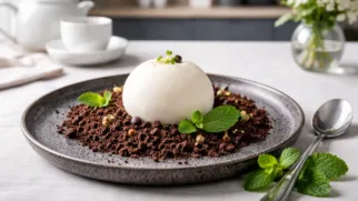 Фото рецепта: Шоколадная земля с ванильной сферой десерт молекулярной кухни