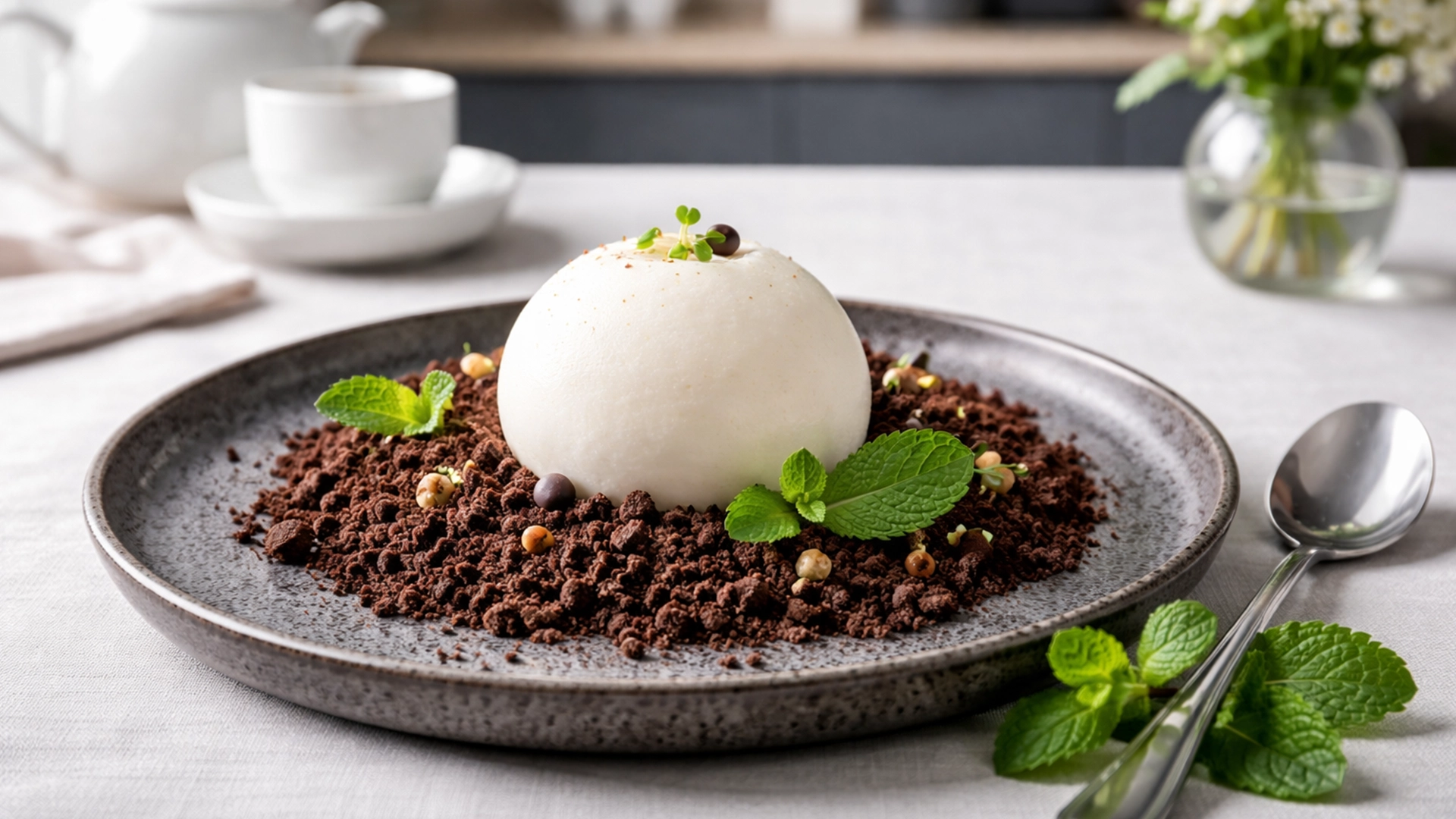 Фото блюда: Шоколадная земля с ванильной сферой десерт молекулярной кухни