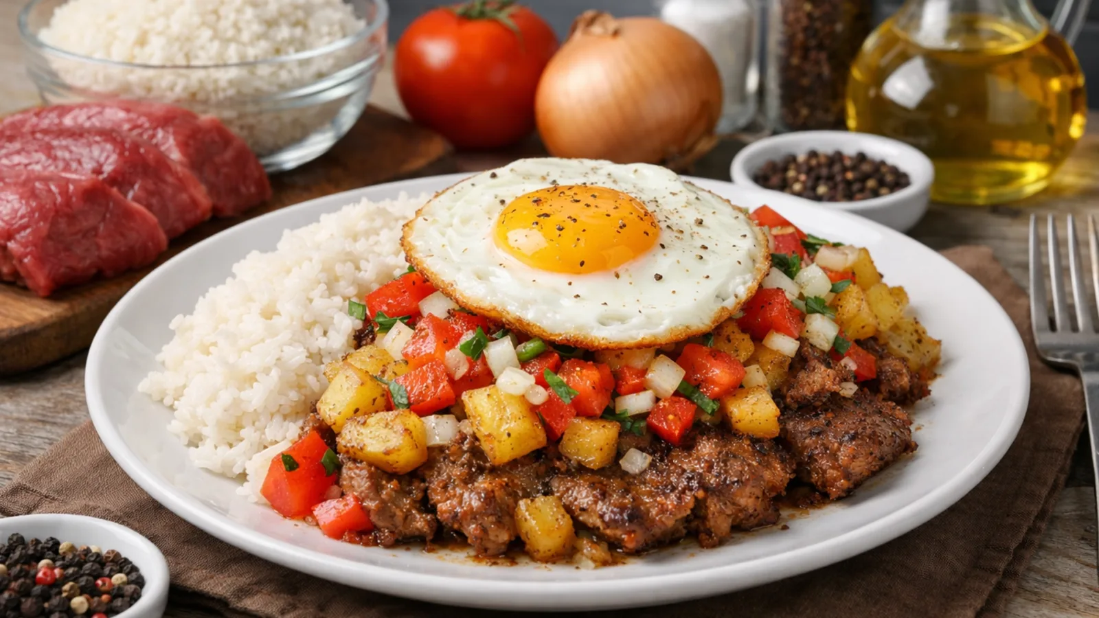 Фото блюда: Сильпанчо говядина с рисом и яйцом, рецепт с фото