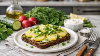 Фото рецепта: Смёрребрёд с картофелем и зелёным луком рецепт датского открытого бутерброда