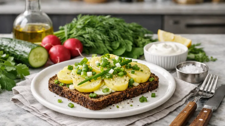 Фото блюда: Смёрребрёд с картофелем и зелёным луком рецепт датского открытого бутерброда